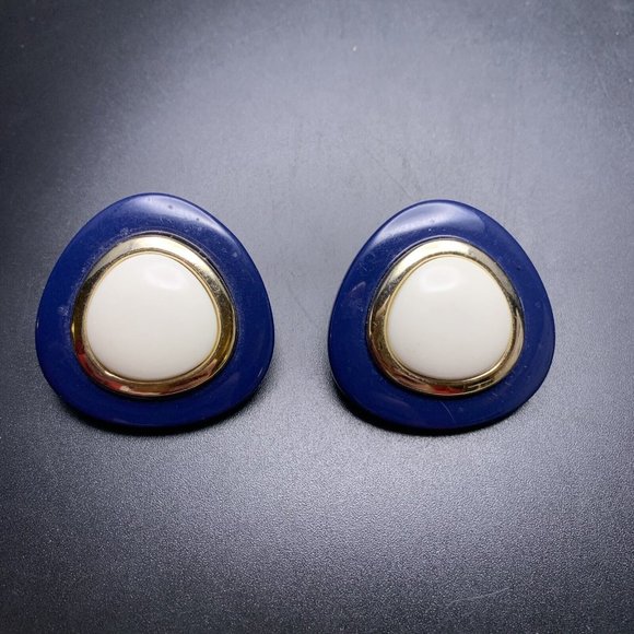 Chunky Bold Earrings Navy Blue White Gold Tone 80s 90s Big Large Runway Vintage - Picture 5 of 6
